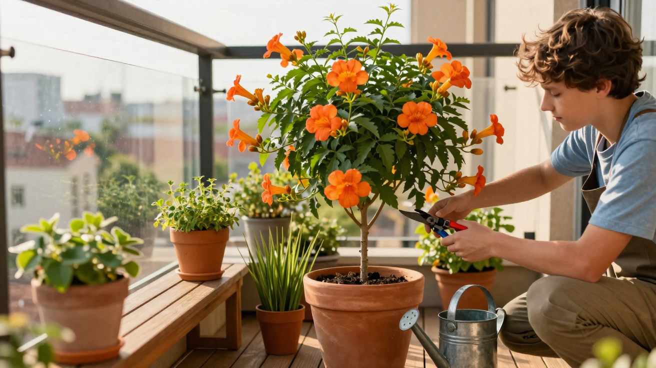 Young person pruning a vibrant orange flowering plant on a sunlit balcony with various potted plants.