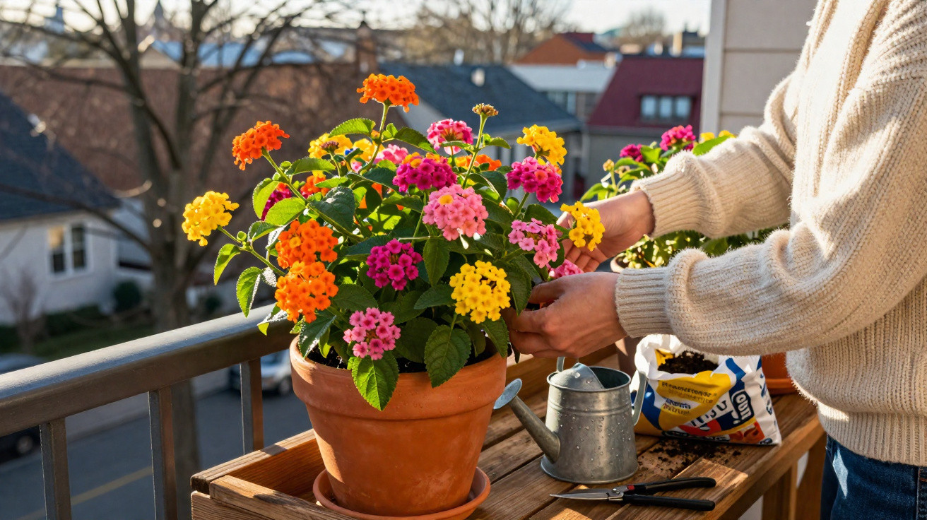 Person tending to a colourful lantana plant in a terracotta pot on an urban balcony garden table.