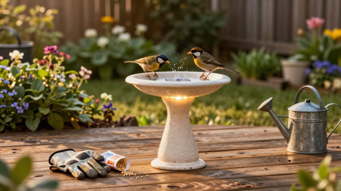 Two small birds drinking from a garden birdbath on a wooden table with gardening gloves, seeds, and a watering can nearby.