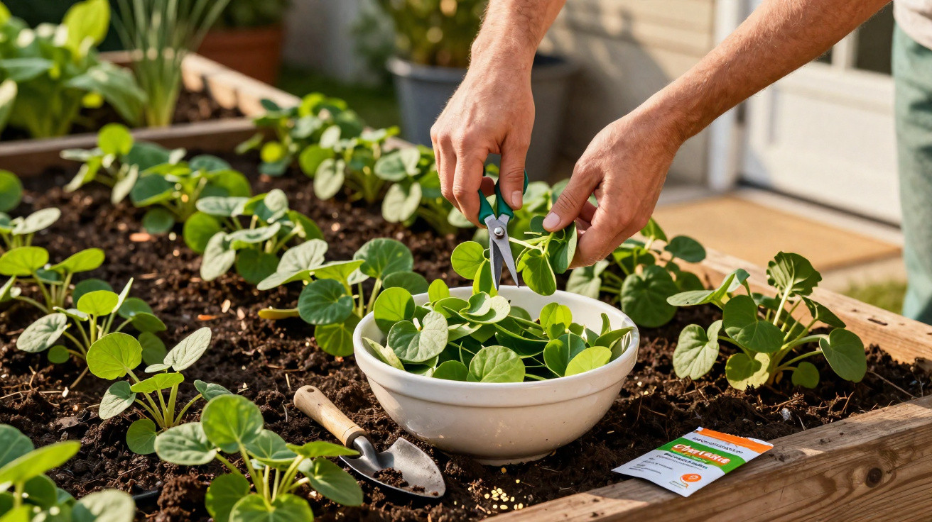 Person harvesting fresh green leaves with scissors into a bowl from raised garden bed in sunlight