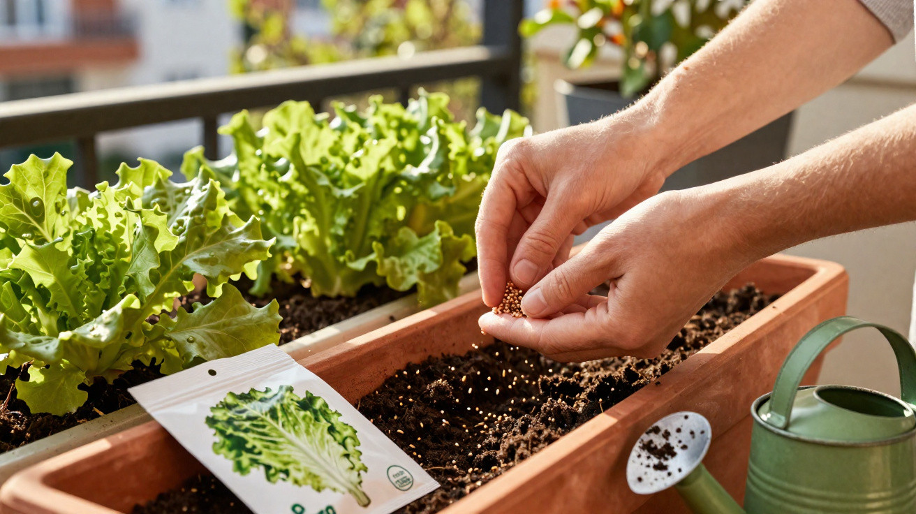 Hands sowing lettuce seeds in soil with mature lettuce plants and watering can on balcony garden.