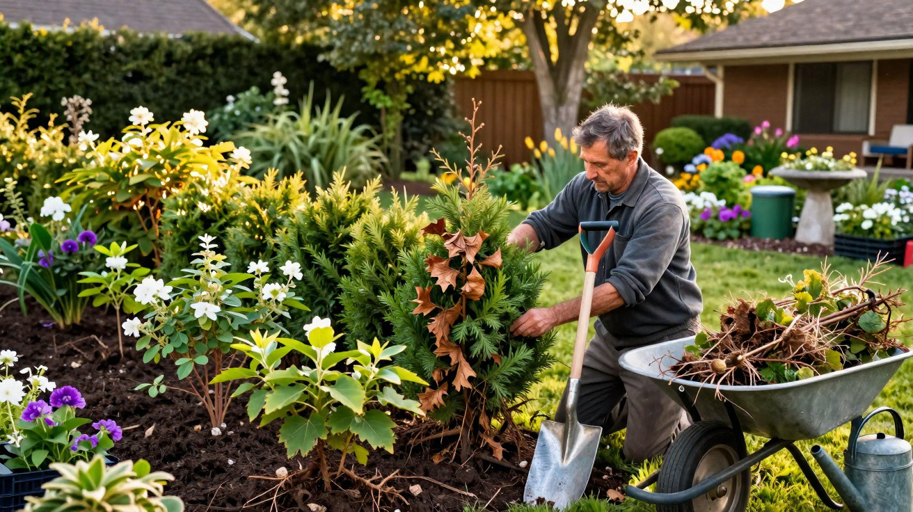Man gardening in a flower bed, tending to plants with a shovel and wheelbarrow full of garden waste nearby.