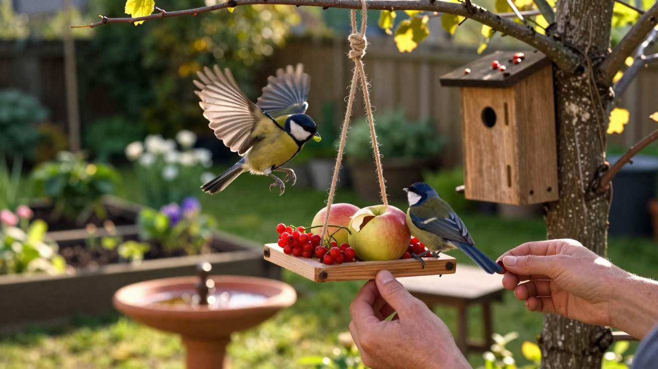 Two blue tits feeding on apples and red berries on a hanging wooden tray in a garden.