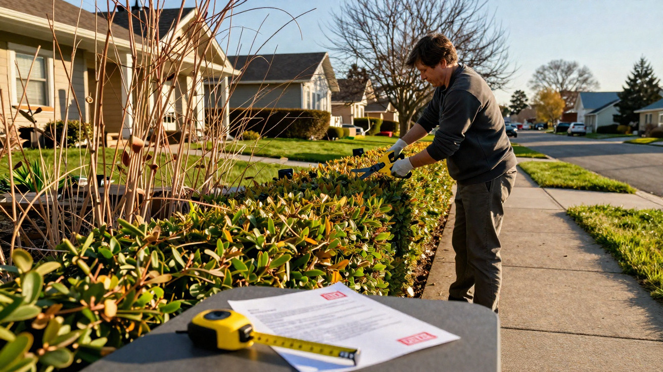 Person trimming a hedge outside a suburban house on a sunny day with a measuring tape and paper nearby.