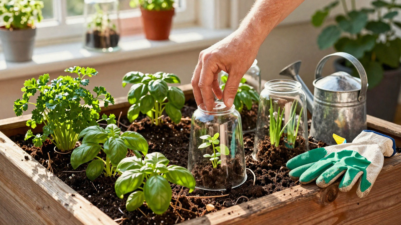 Hand placing a clear glass cloche over seedlings in a wooden indoor herb garden by a sunny window.