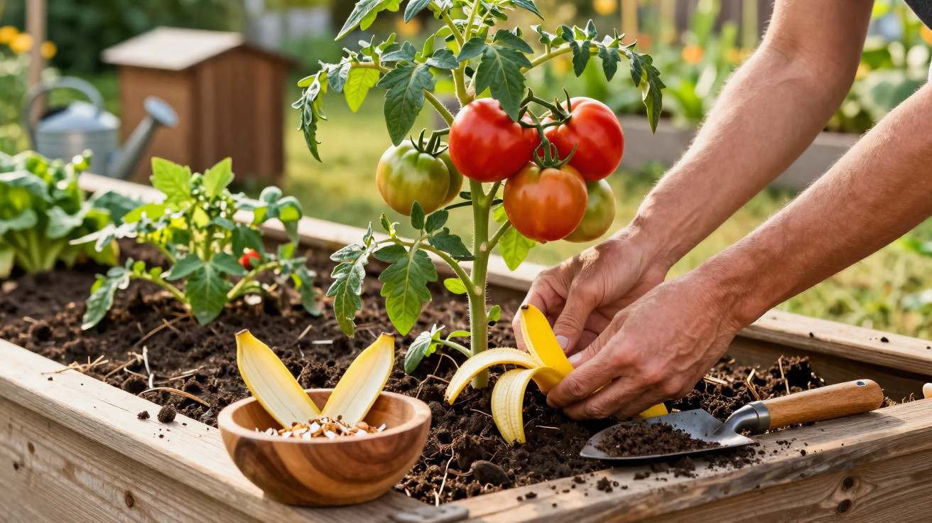 Hands peeling a banana over a raised garden bed with ripe and unripe tomatoes growing on the plant.