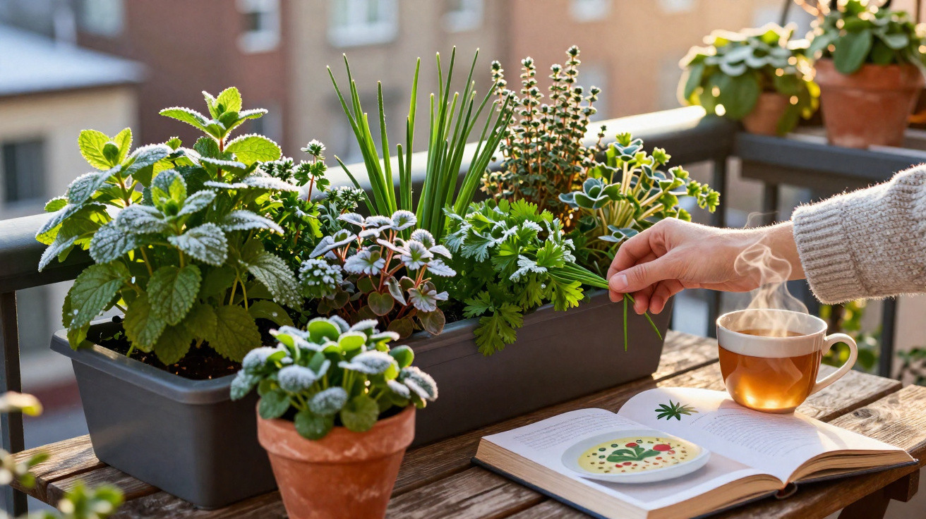 Person picking fresh herbs from a planter on a balcony table with a steaming cup of tea and open book.