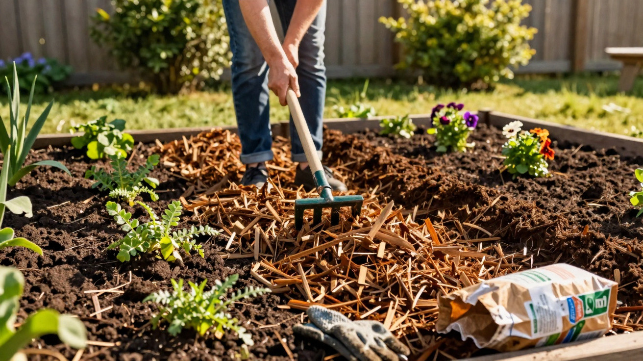 Person spreading mulch with a rake in a raised garden bed with flowering plants.
