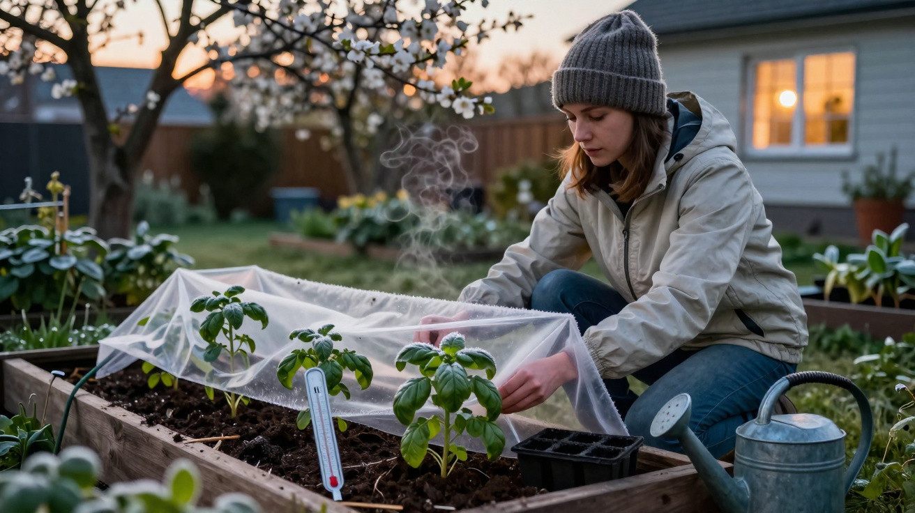 Woman in a beanie covering plants with a protective net in a raised garden bed during early morning or evening.