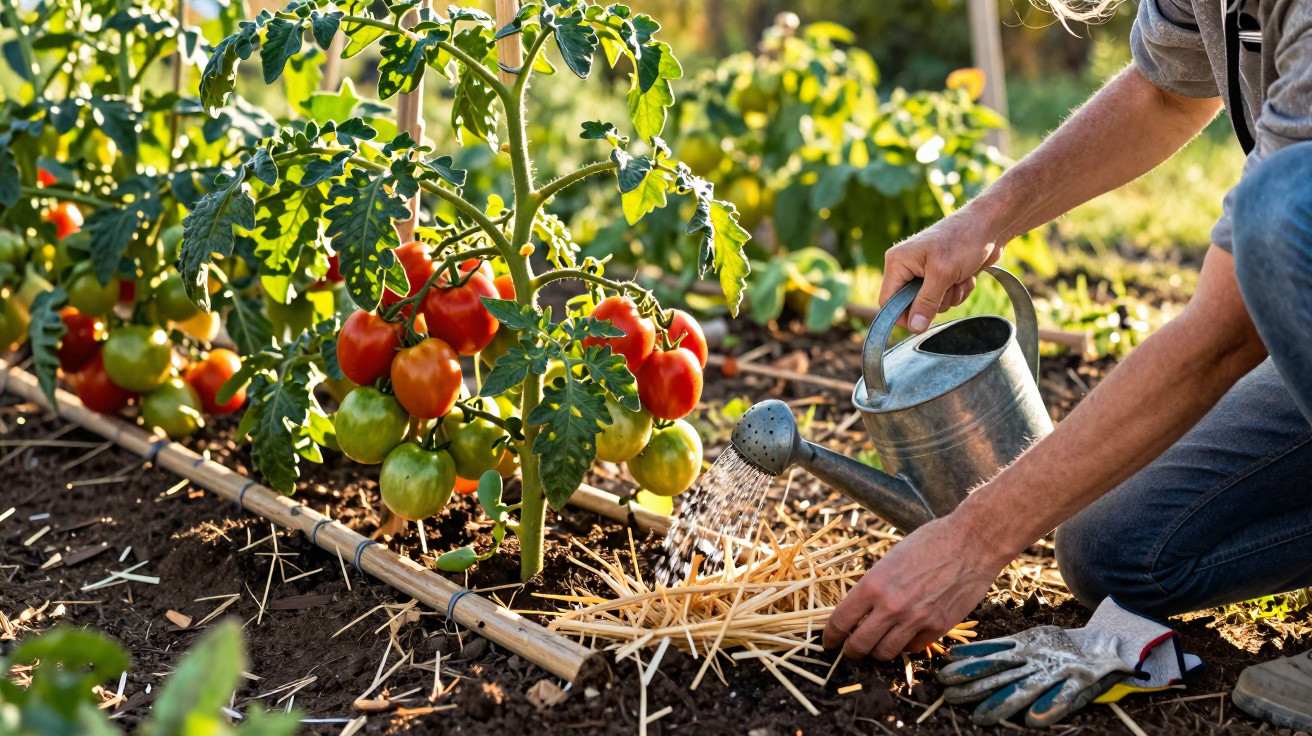 Person watering ripe and unripe tomatoes growing in a garden with a metal watering can and straw mulch.