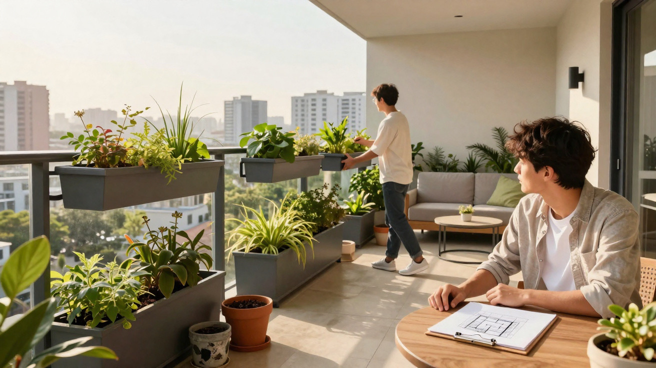 Two young men on a sunny balcony with potted plants, one arranging flowers, the other reviewing a clipboard.