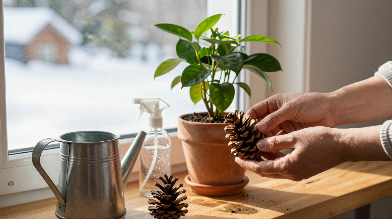 Hands holding a pinecone by a potted plant on a windowsill with a watering can and spray bottle nearby.