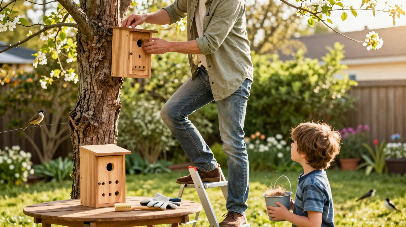 Man mounting a wooden birdhouse on a tree while a child watches in a sunny garden.