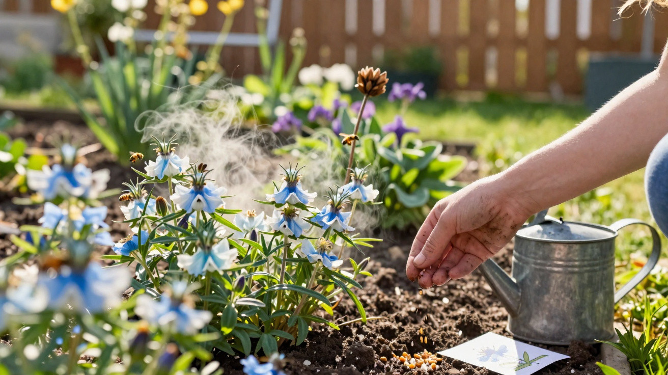 Close-up of a hand planting seeds in soil near steaming blue and white flowers with a watering can nearby in a garden.