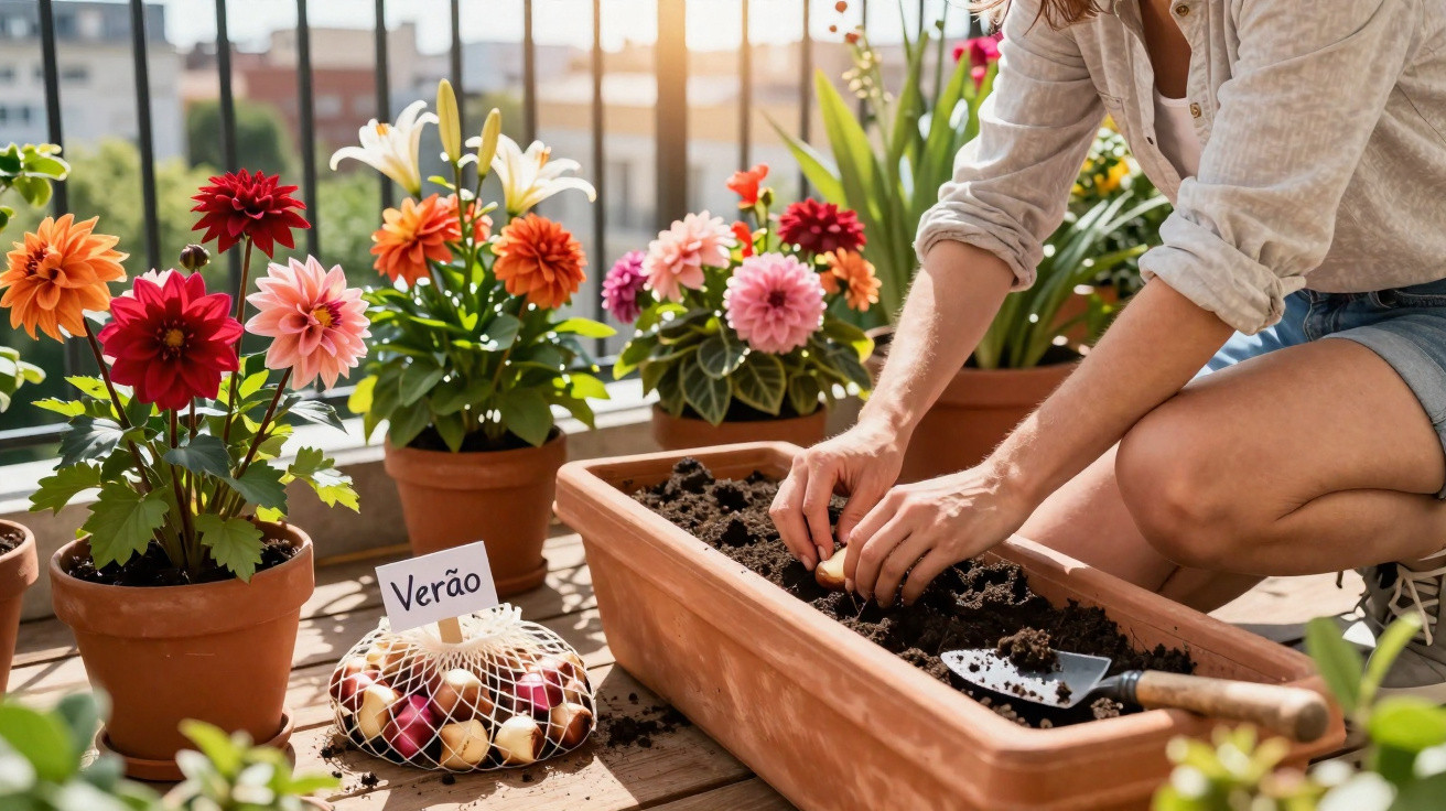 Person planting flower bulbs in a rectangular planter on a balcony with colourful potted flowers nearby.