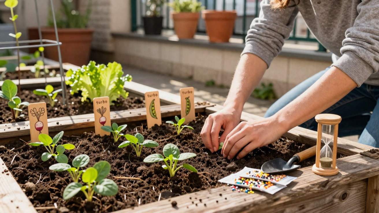 Person planting seedlings in a wooden raised garden bed with labelled vegetable markers and gardening tools.