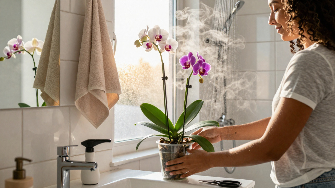 Woman steaming a purple and white orchid plant in a bright bathroom near a window and sink.