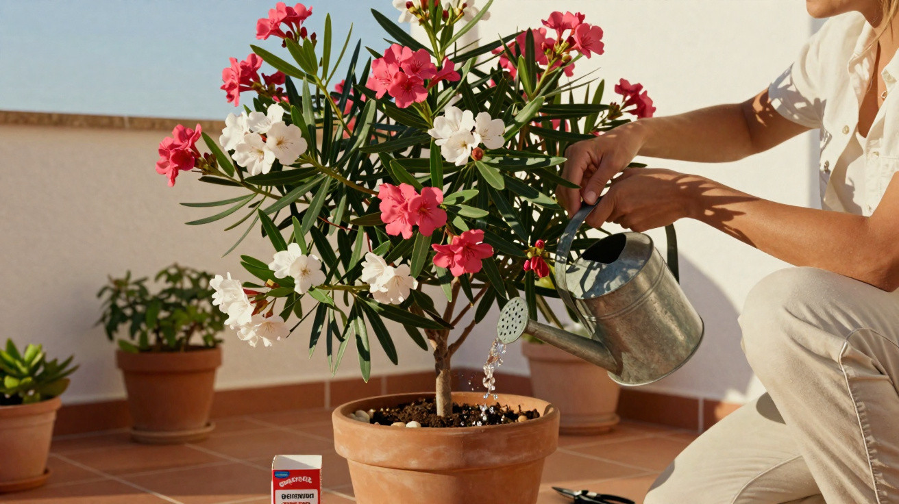 Person watering a potted oleander plant with pink and white flowers on a tiled balcony.