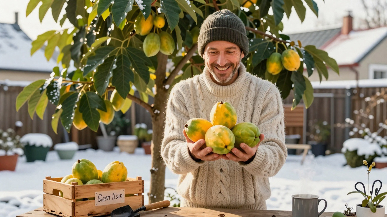 Man in jumper and beanie holding ripe papayas in snowy garden with papaya tree and wooden crate on table