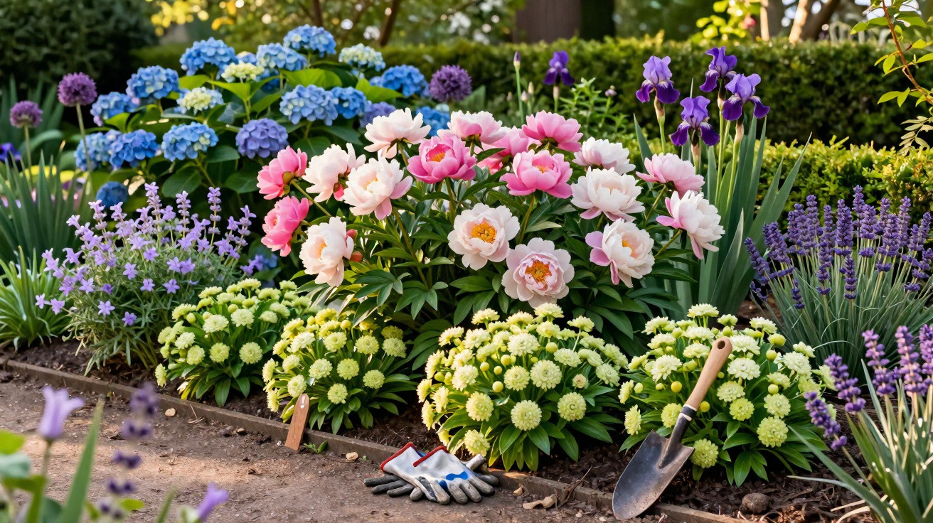 Colourful flower bed with pink peonies, blue hydrangeas, lavender and gardening tools on soil path.