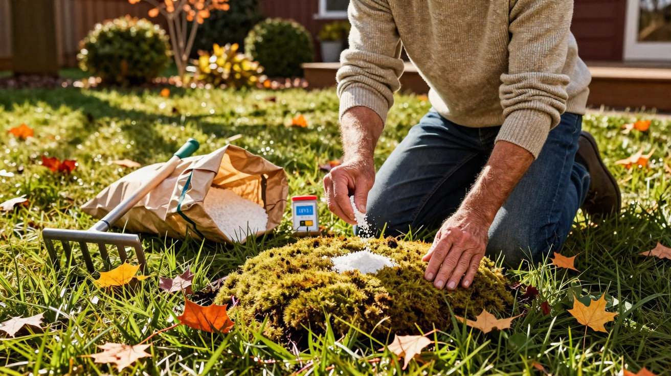 Person fertilising mossy patch in a green garden with autumn leaves and a garden rake nearby