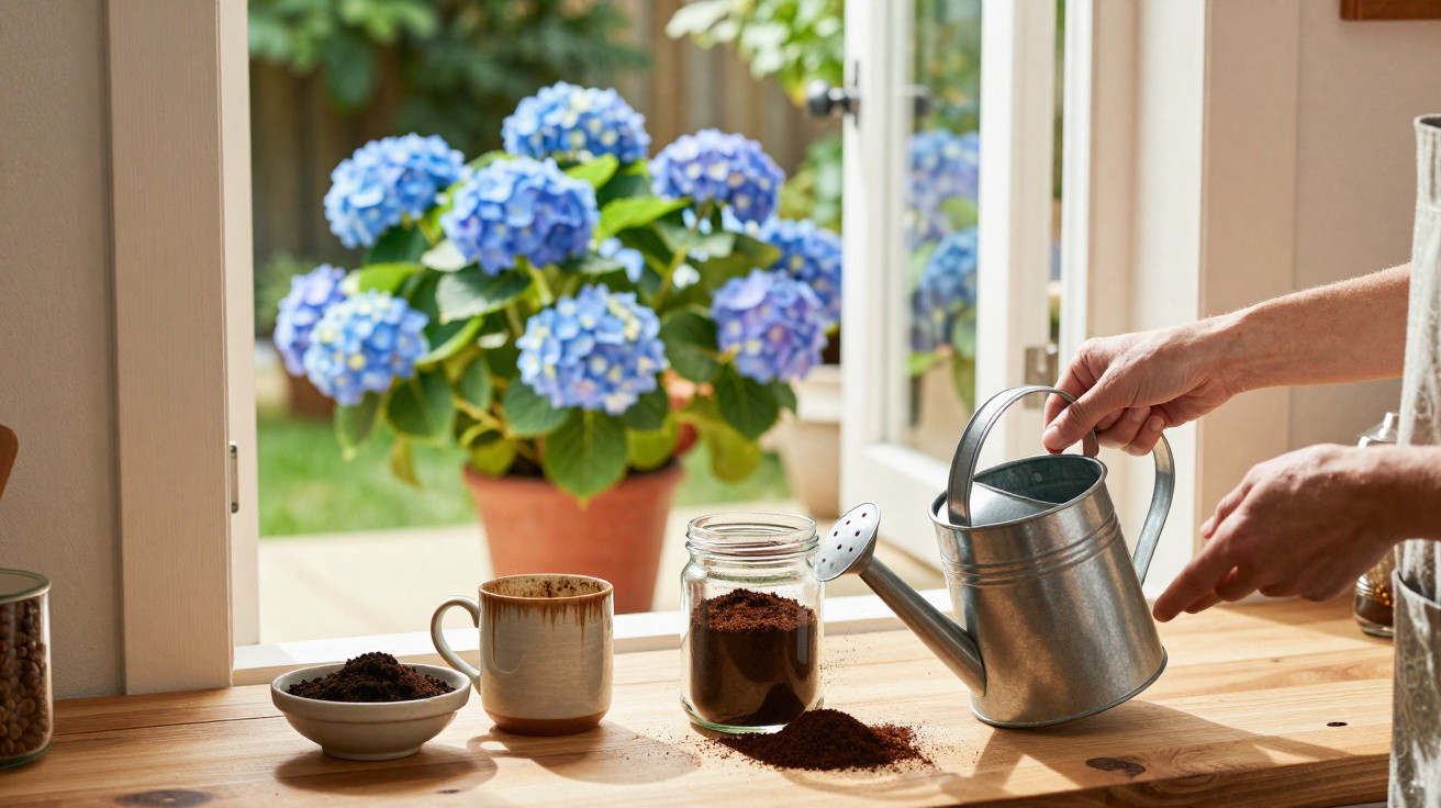 Hands holding a metal watering can over a wooden table with coffee grounds, mug, and a blurred blue hydrangea plant outside.