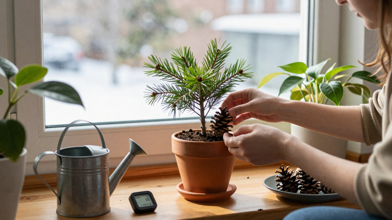 Person placing a pine cone on a small pine tree in a terracotta pot on a windowsill with plants and a watering can.
