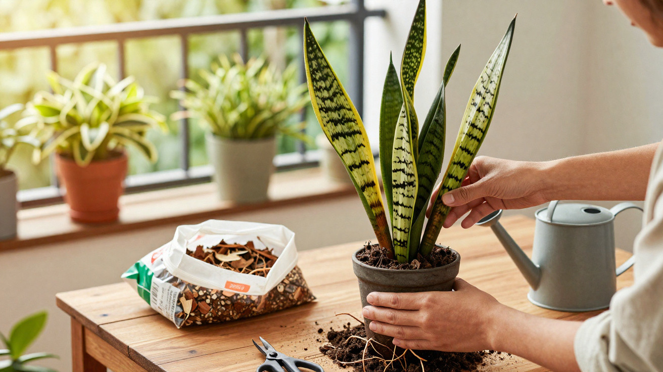 Person repotting a snake plant on a wooden table with gardening supplies near a window with potted plants.