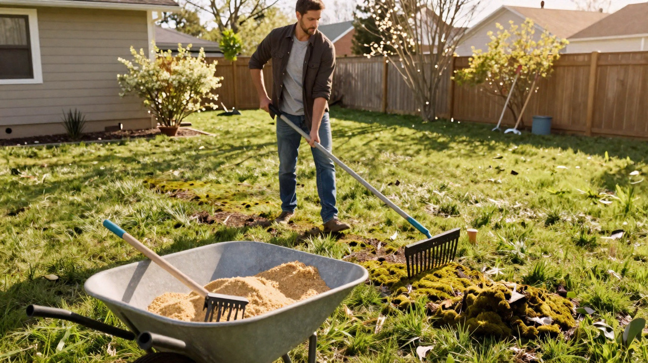 Man using a rake to clear moss from a lawn with a wheelbarrow of sand in a sunny backyard.