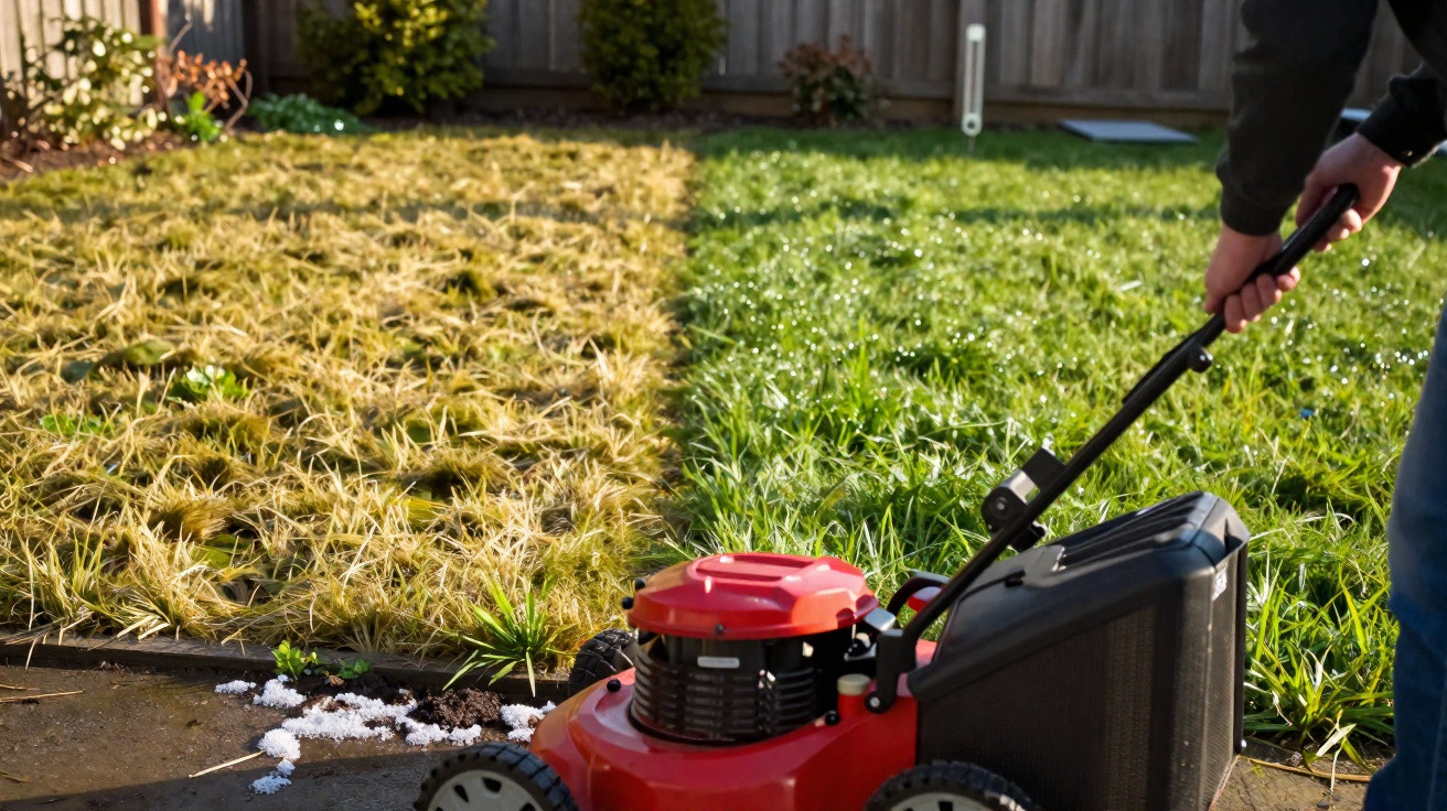 Lawn mower cutting a patch of overgrown green grass next to dry, yellow grass in a backyard.