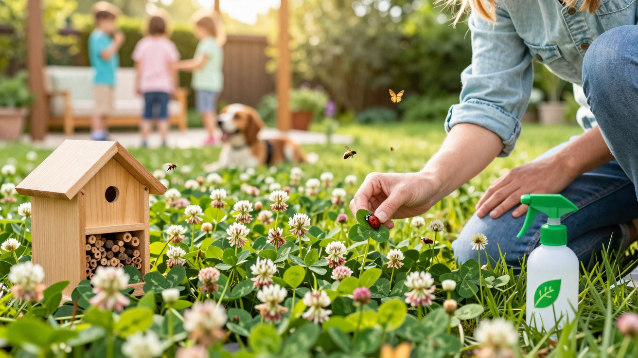 Person releasing a ladybug in a clover field with a wooden insect house, children and a dog in the background.