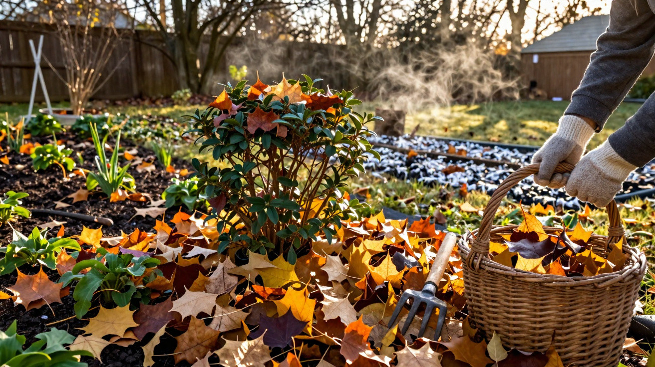 Person wearing gloves collecting autumn leaves in a wicker basket from a garden bed near plants.