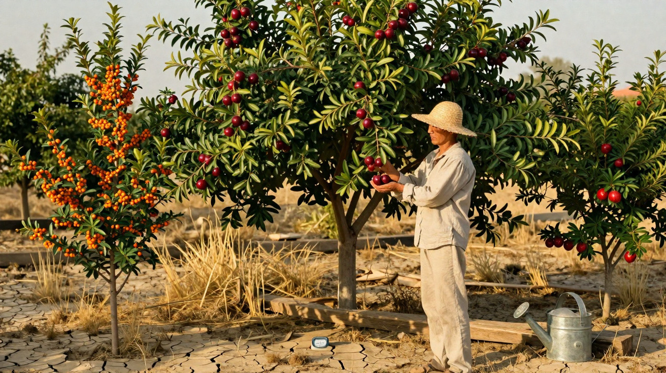 Person harvesting ripe red fruit from a small tree in a dry, cracked soil orchard with watering can nearby