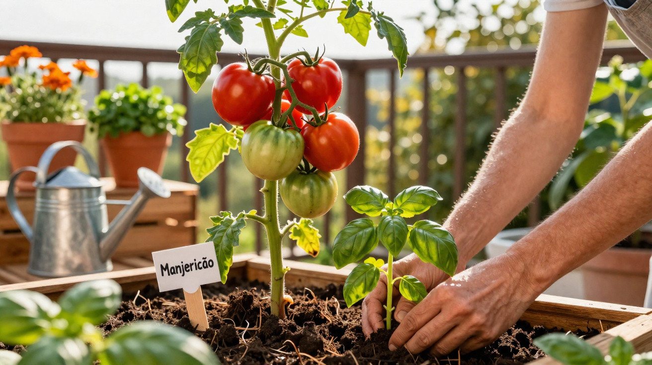 Hands planting a basil seedling next to a tomato plant in a wooden garden bed on a sunny balcony.