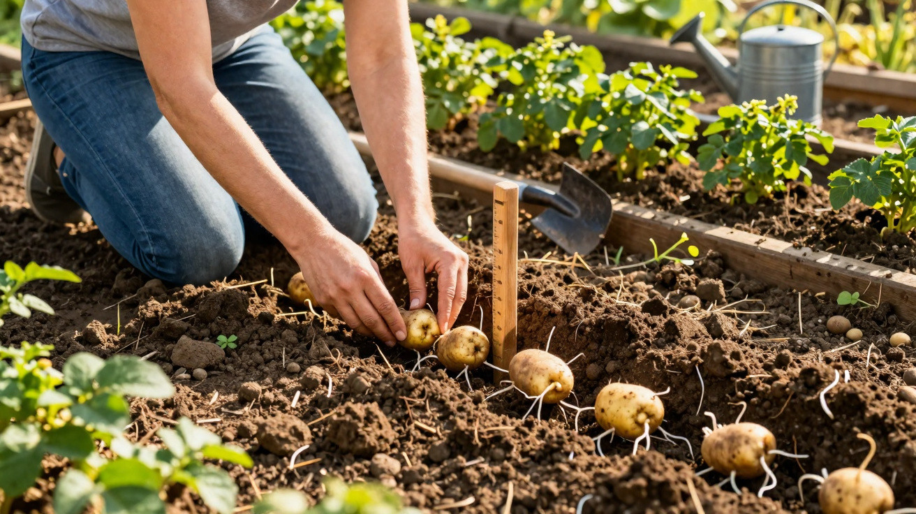 Person planting sprouted potatoes in a vegetable garden bed with a watering can and trowel nearby.