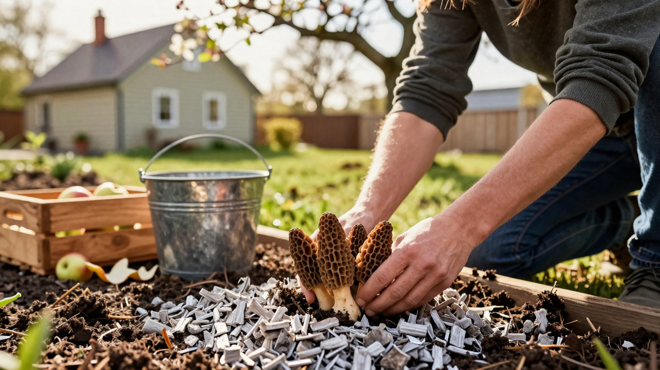 Person harvesting morel mushrooms from soil in a garden with a wooden crate and metal bucket nearby.