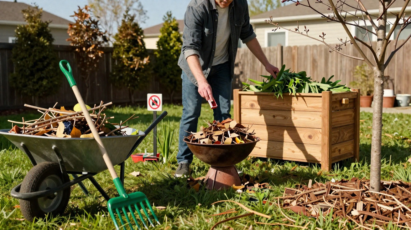 Person using a matchstick to light a pile of dry leaves on a metal fire pit in a backyard garden.