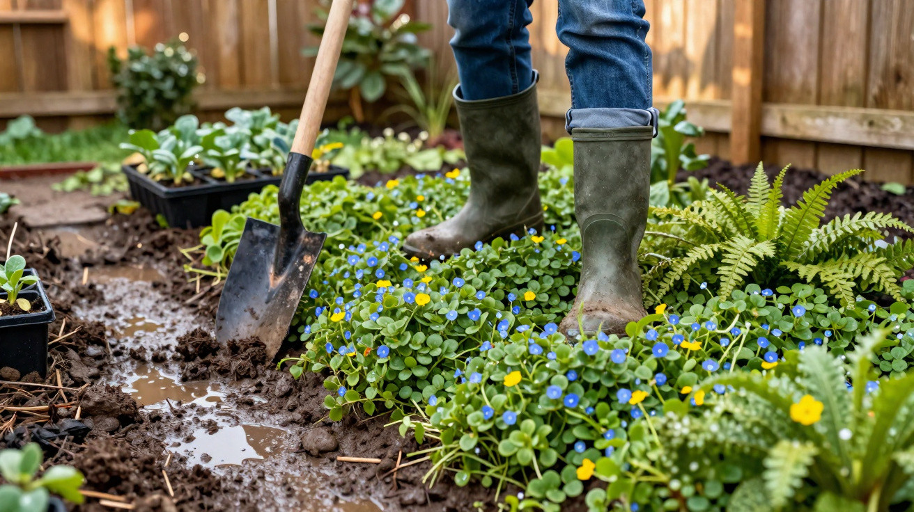 Person wearing green boots gardening with a shovel near small blue and yellow flowers in a backyard.