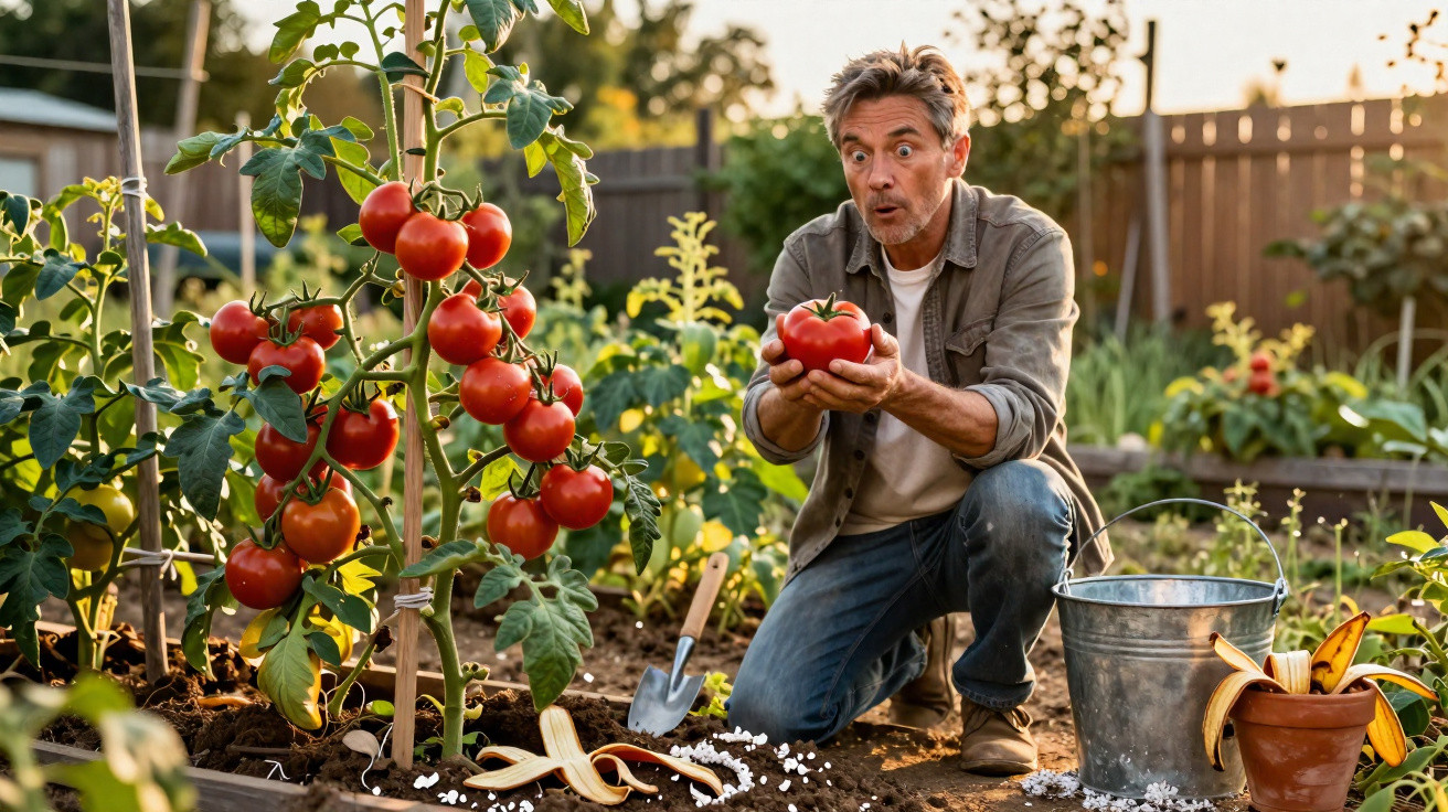 Man kneeling in garden holding a large ripe tomato, surrounded by tomato plants and gardening tools.