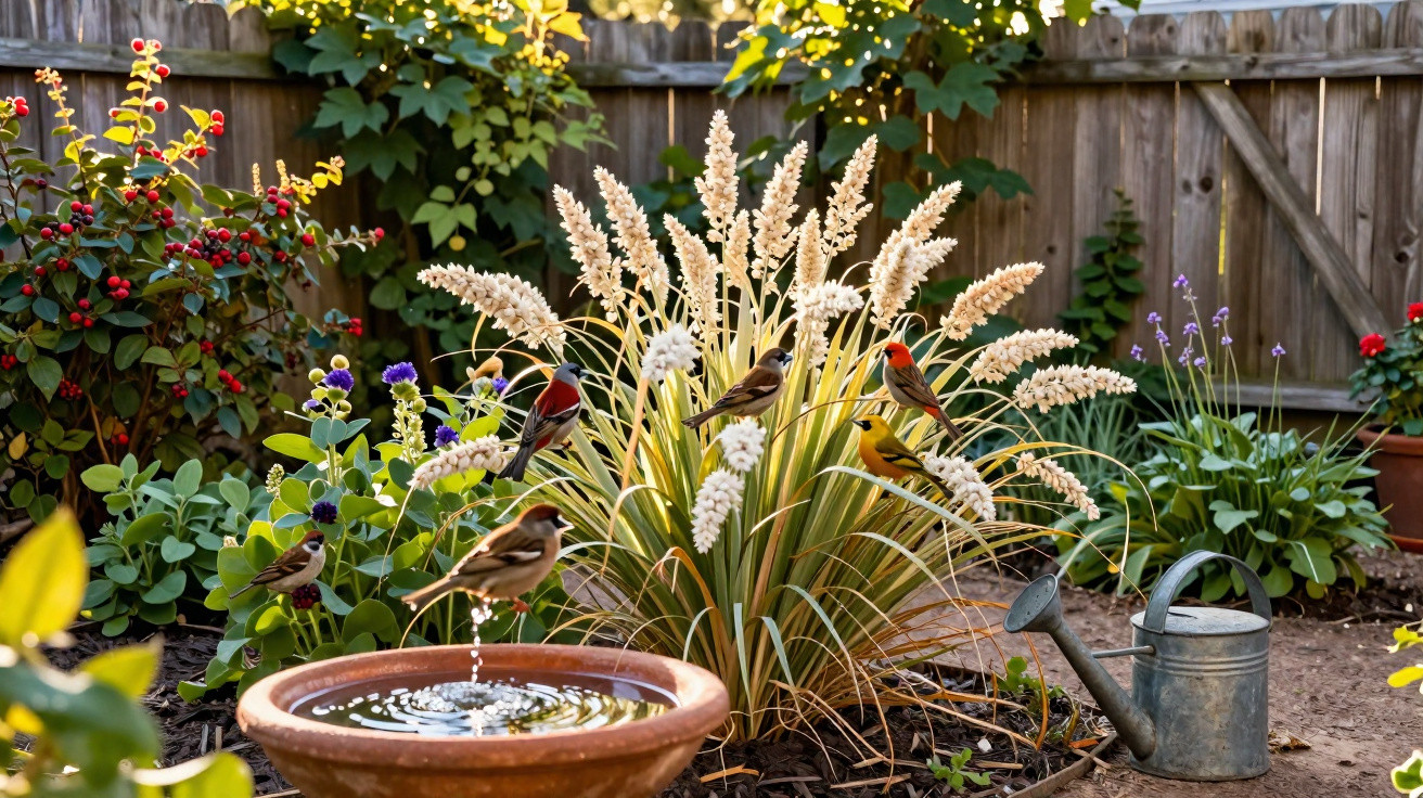Small colourful birds perched on ornamental grass near a birdbath and watering can in a garden.