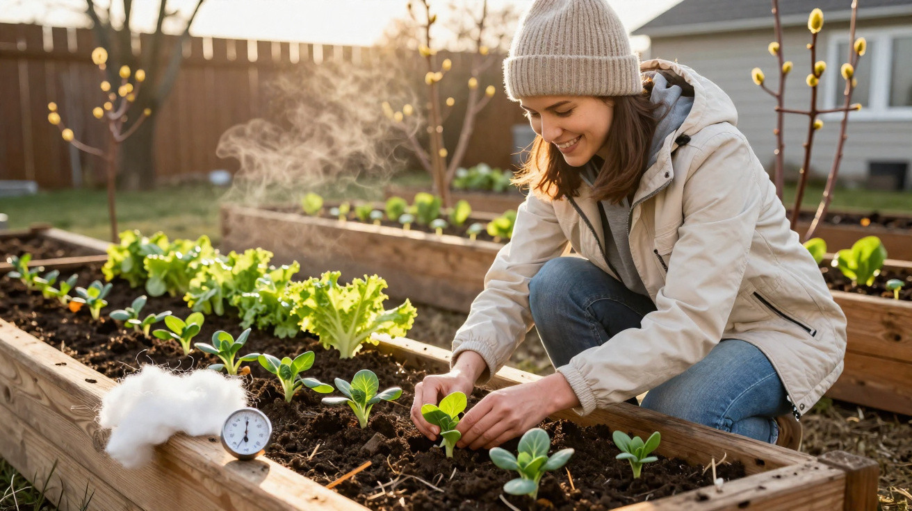 Woman wearing a beanie and jacket planting seedlings in a raised garden bed in a backyard at sunrise.