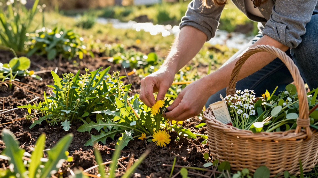 Person harvesting yellow dandelions and white flowers in a garden with a wicker basket nearby.