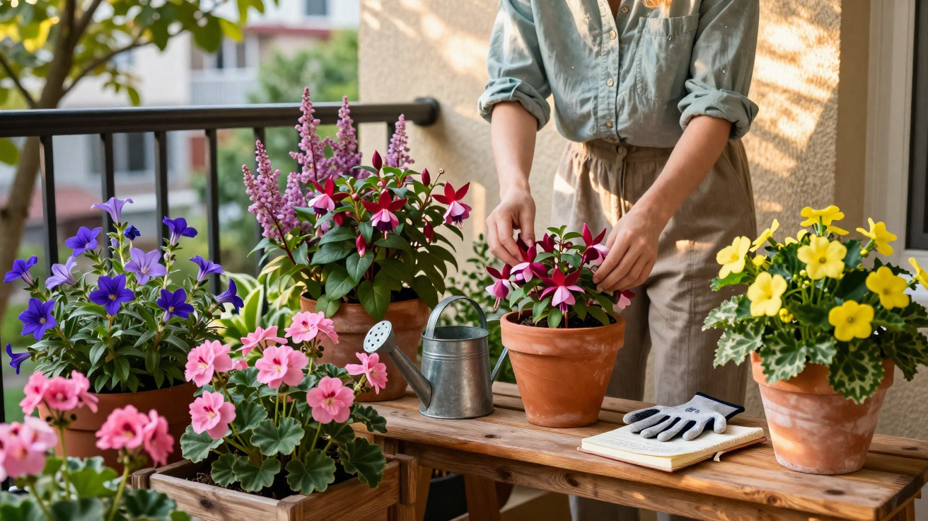 Person tending to various colourful potted flowers on a wooden table on a sunny balcony.