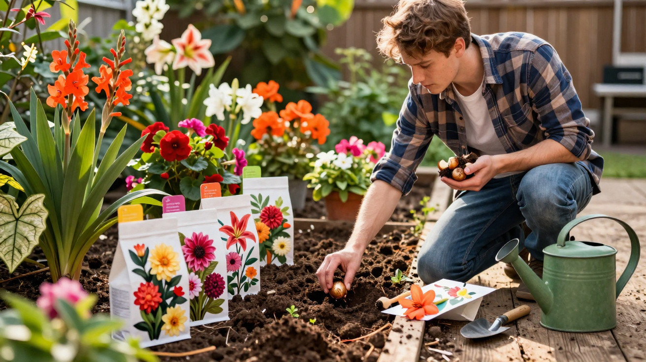Young man planting flower bulbs in a garden bed surrounded by blooming flowers and gardening tools.