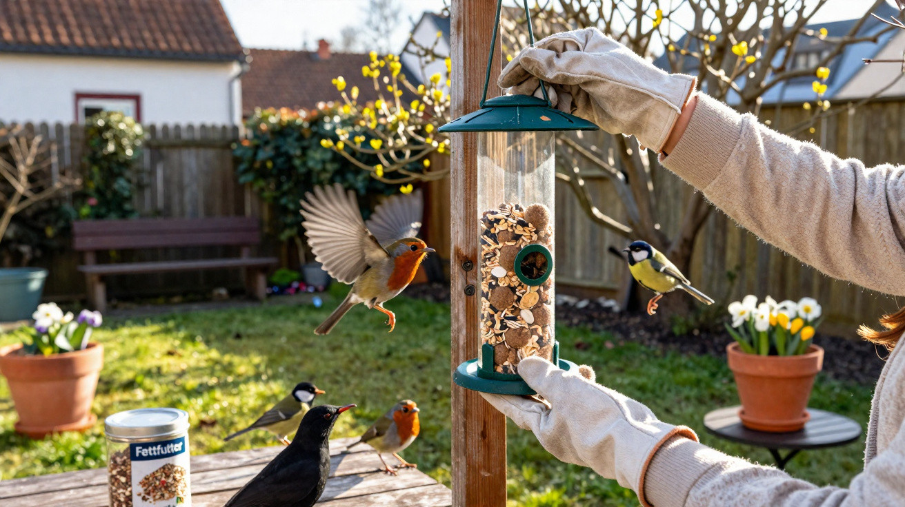 Person wearing gloves holding a bird feeder with small birds flying and perched around it in a garden.