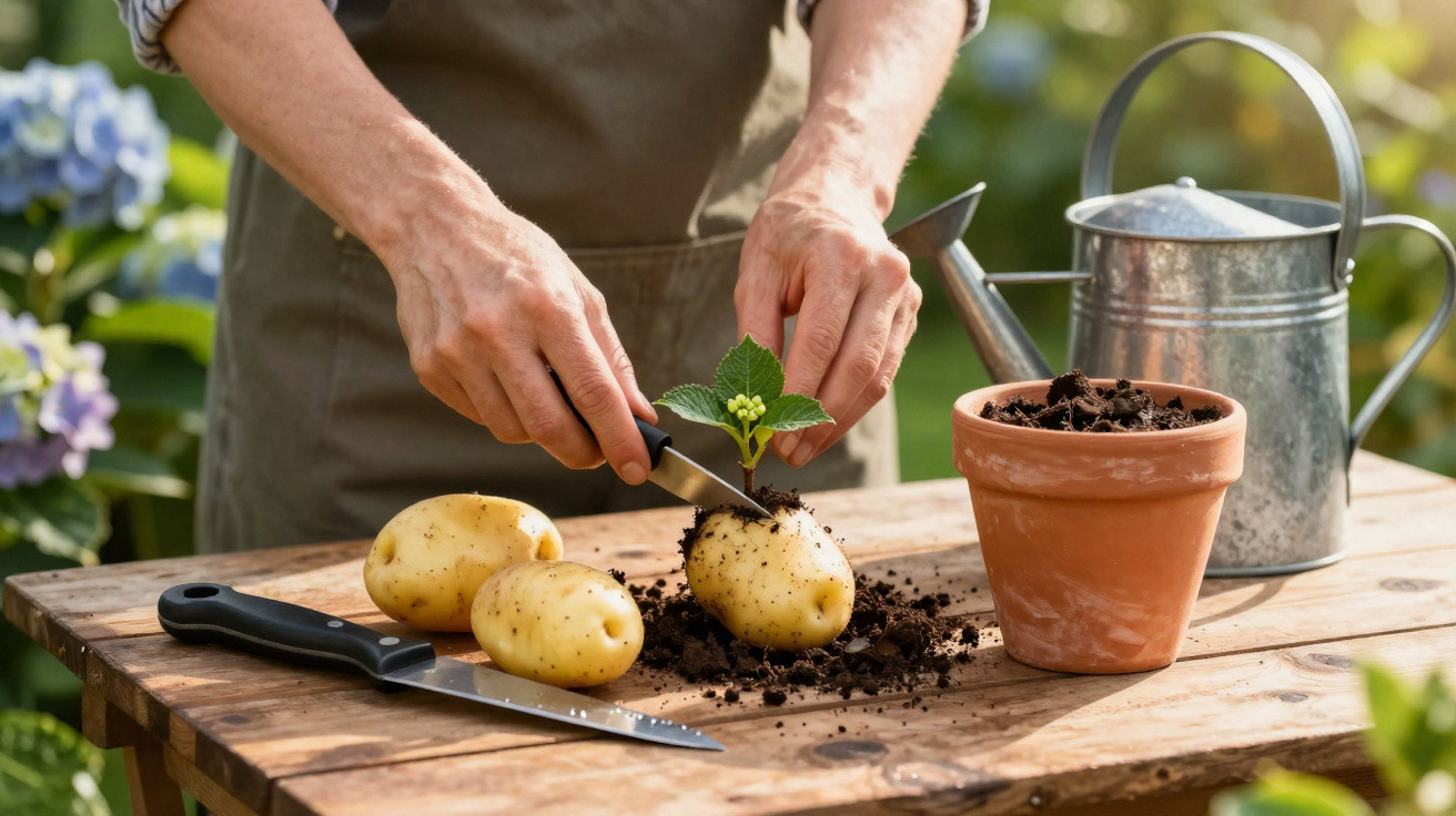 Person planting a seedling in a potato on a wooden table outdoors with gardening tools nearby.