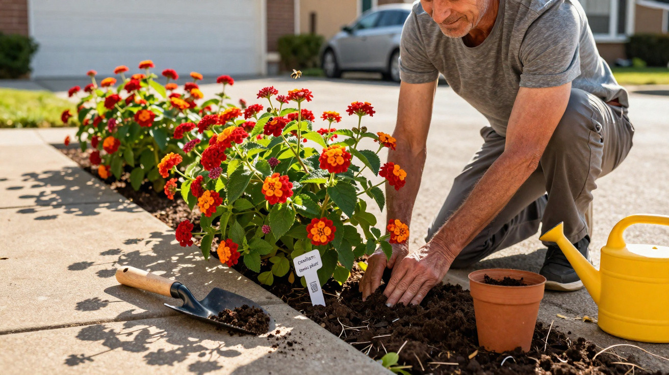Man planting red and orange flowers in a garden bed beside a pavement on a sunny day