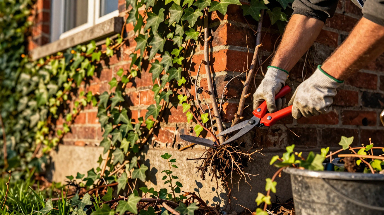 Person wearing gloves cutting roots of an ivy plant near a brick wall outdoors in sunlight.