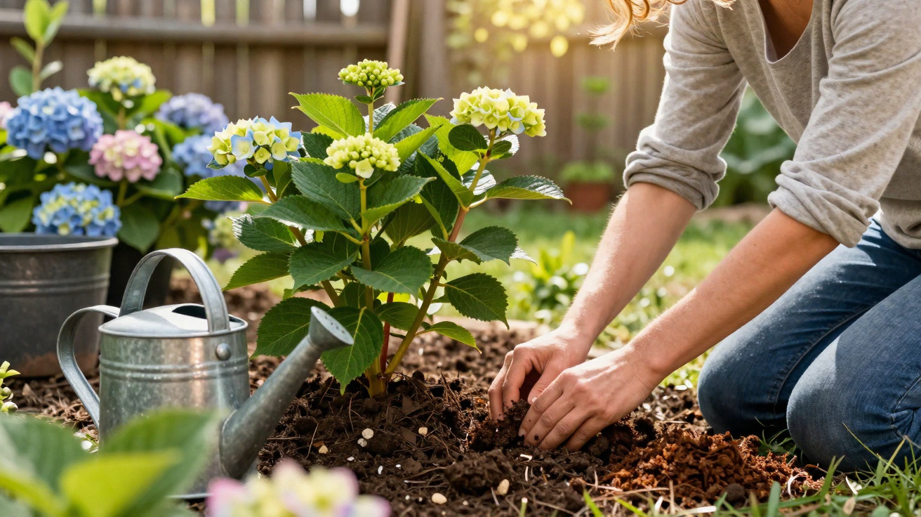 Person kneeling and planting flowers in a garden with a watering can nearby on a sunny day.