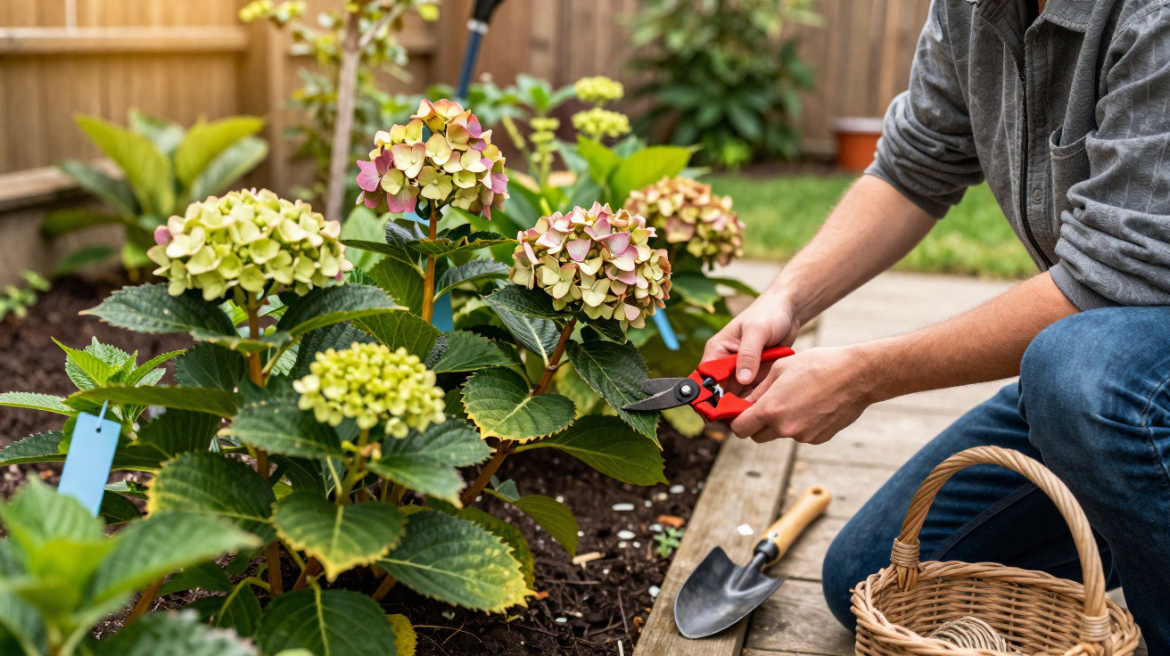 Person pruning hydrangea shrubs with red secateurs in a garden bed near a wooden fence.